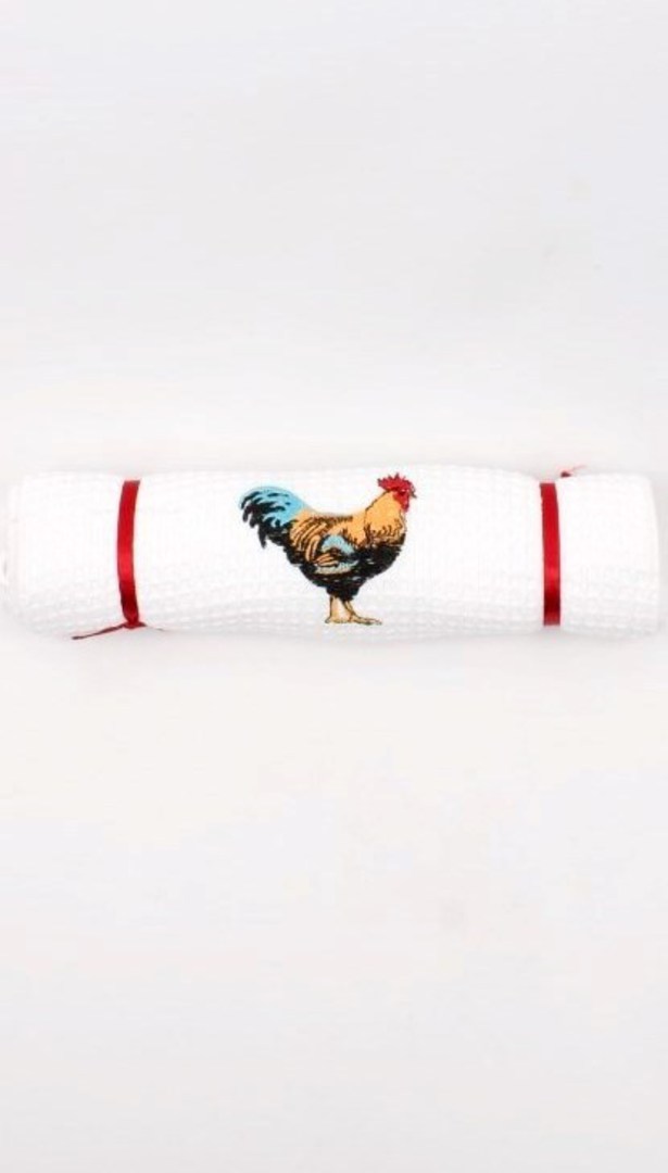 Embroidered cotton waffle weave tea towel 'rooster' Code : T/T-EMB/ROO image 0